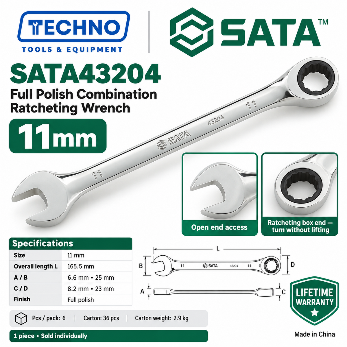 Shop SATA43201 to SATA43226 full polish combination ratcheting wrenches, 8mm to 46mm. Open end plus ratcheting box end. Order online today.
