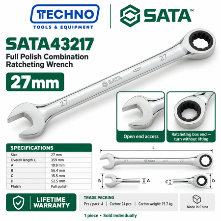 Shop SATA43201 to SATA43226 full polish combination ratcheting wrenches, 8mm to 46mm. Open end plus ratcheting box end. Order online today.
