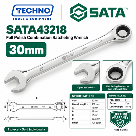 Shop SATA43201 to SATA43226 full polish combination ratcheting wrenches, 8mm to 46mm. Open end plus ratcheting box end. Order online today.
