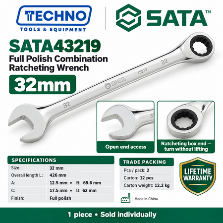 Shop SATA43201 to SATA43226 full polish combination ratcheting wrenches, 8mm to 46mm. Open end plus ratcheting box end. Order online today.