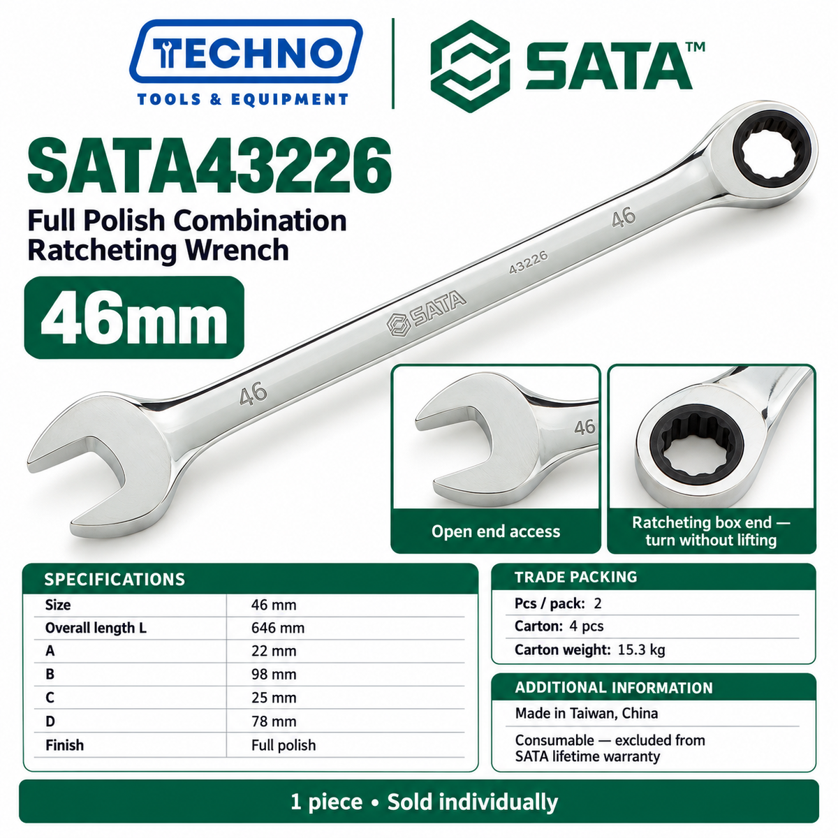 Shop SATA43201 to SATA43226 full polish combination ratcheting wrenches, 8mm to 46mm. Open end plus ratcheting box end. Order online today.