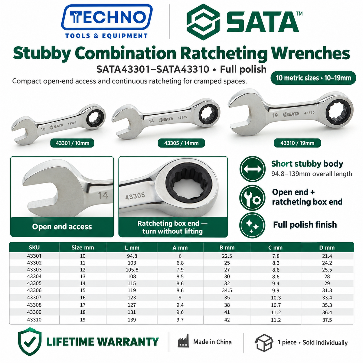 Shop SATA43301 to SATA43310 full polish stubby combination ratcheting wrenches, 10mm to 19mm. Short, compact body. Lifetime warranty.