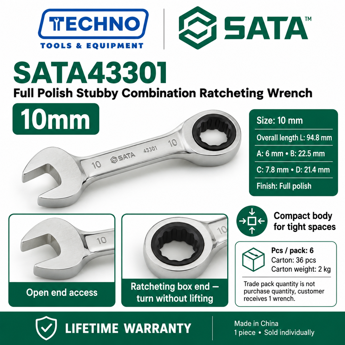Shop SATA43301 to SATA43310 full polish stubby combination ratcheting wrenches, 10mm to 19mm. Short, compact body. Lifetime warranty.