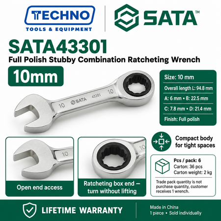 Shop SATA43301 to SATA43310 full polish stubby combination ratcheting wrenches, 10mm to 19mm. Short, compact body. Lifetime warranty.