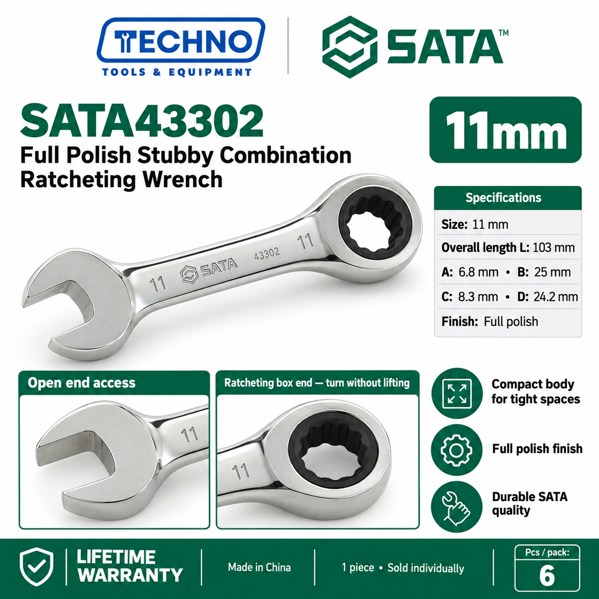 Shop SATA43301 to SATA43310 full polish stubby combination ratcheting wrenches, 10mm to 19mm. Short, compact body. Lifetime warranty.