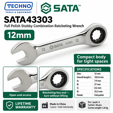 Shop SATA43301 to SATA43310 full polish stubby combination ratcheting wrenches, 10mm to 19mm. Short, compact body. Lifetime warranty.