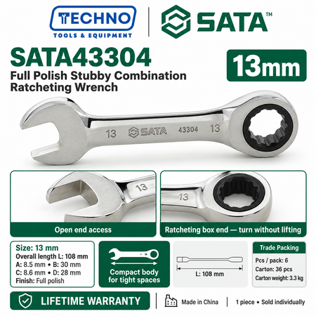 Shop SATA43301 to SATA43310 full polish stubby combination ratcheting wrenches, 10mm to 19mm. Short, compact body. Lifetime warranty.
