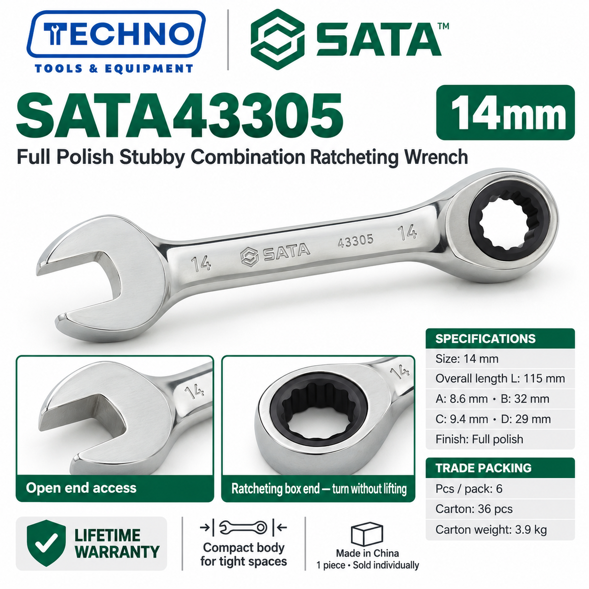 Shop SATA43301 to SATA43310 full polish stubby combination ratcheting wrenches, 10mm to 19mm. Short, compact body. Lifetime warranty.