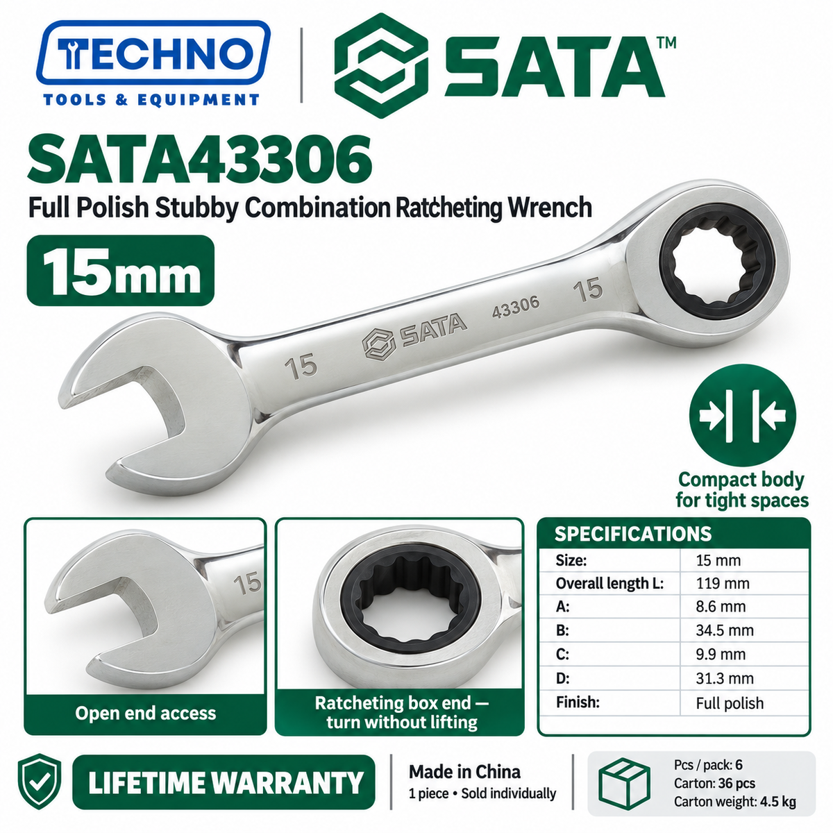 Shop SATA43301 to SATA43310 full polish stubby combination ratcheting wrenches, 10mm to 19mm. Short, compact body. Lifetime warranty.