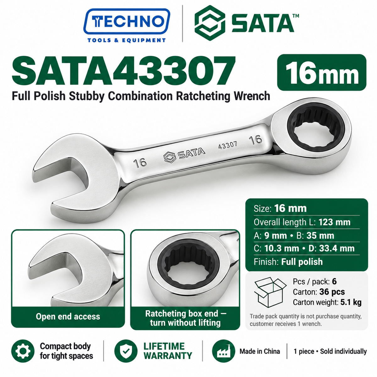 Shop SATA43301 to SATA43310 full polish stubby combination ratcheting wrenches, 10mm to 19mm. Short, compact body. Lifetime warranty.