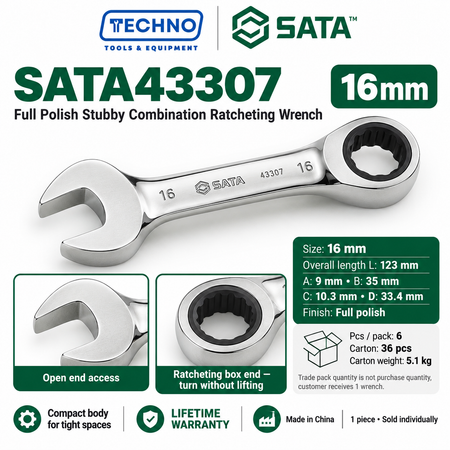Shop SATA43301 to SATA43310 full polish stubby combination ratcheting wrenches, 10mm to 19mm. Short, compact body. Lifetime warranty.