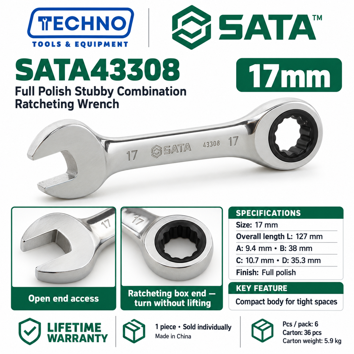 Shop SATA43301 to SATA43310 full polish stubby combination ratcheting wrenches, 10mm to 19mm. Short, compact body. Lifetime warranty.