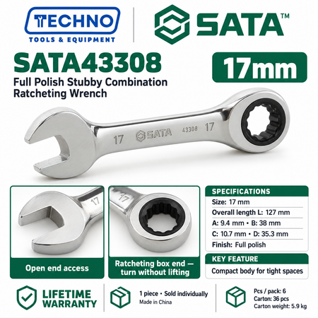 Shop SATA43301 to SATA43310 full polish stubby combination ratcheting wrenches, 10mm to 19mm. Short, compact body. Lifetime warranty.