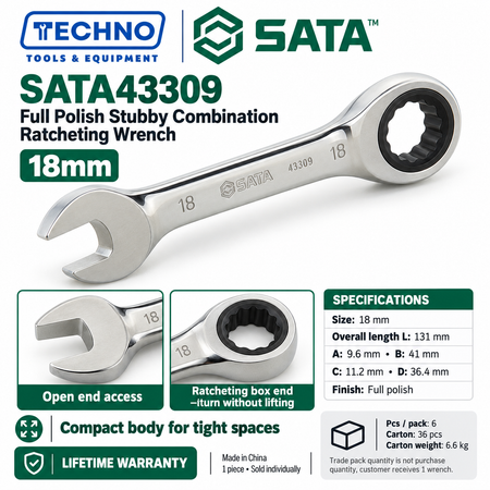 Shop SATA43301 to SATA43310 full polish stubby combination ratcheting wrenches, 10mm to 19mm. Short, compact body. Lifetime warranty.