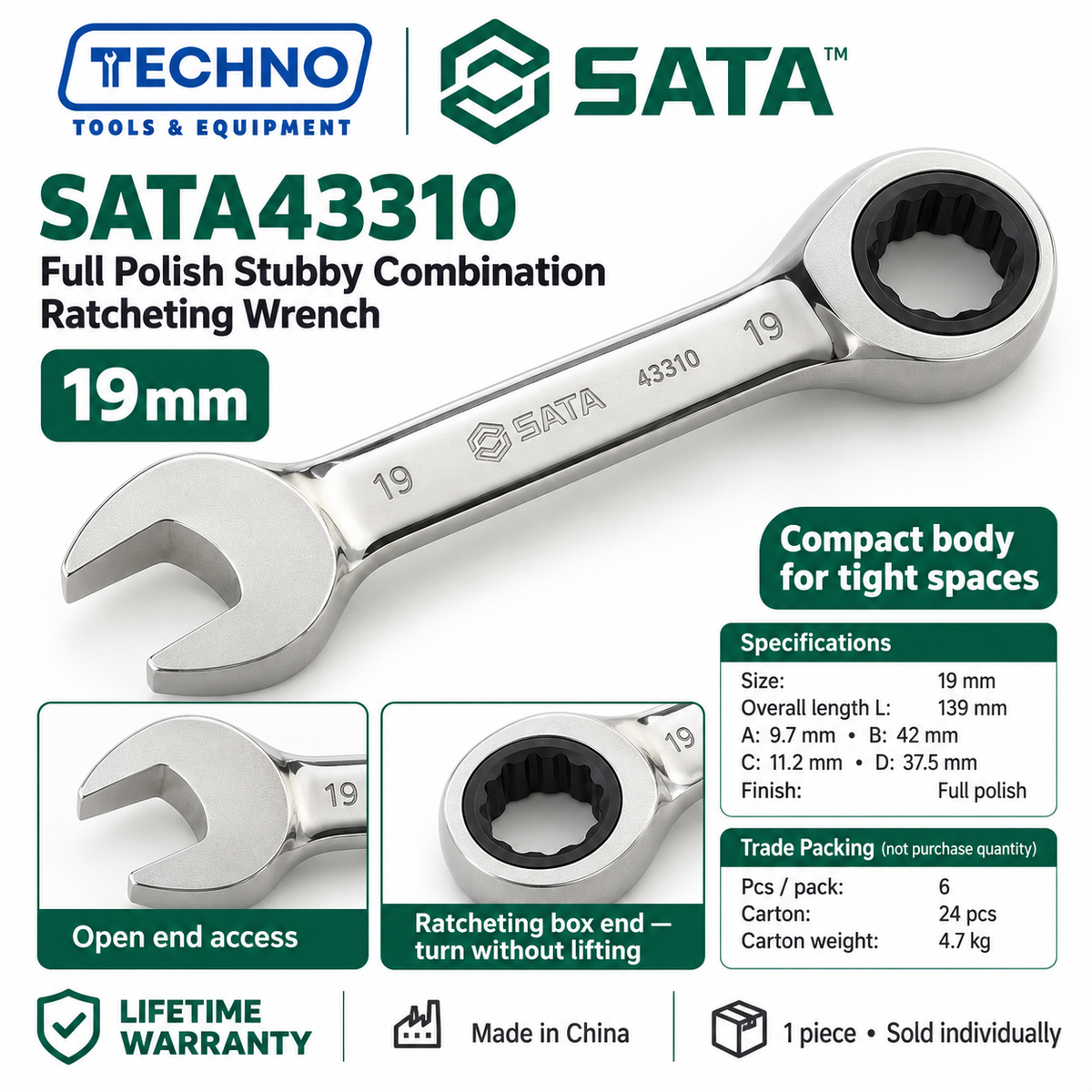Shop SATA43301 to SATA43310 full polish stubby combination ratcheting wrenches, 10mm to 19mm. Short, compact body. Lifetime warranty.