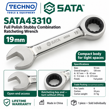 Shop SATA43301 to SATA43310 full polish stubby combination ratcheting wrenches, 10mm to 19mm. Short, compact body. Lifetime warranty.