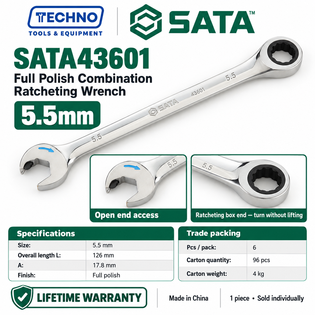 Shop SATA43601 to SATA43619 full polish combination ratcheting wrenches, 5.5mm to 25mm. Open end plus ratcheting box end. Lifetime warranty.