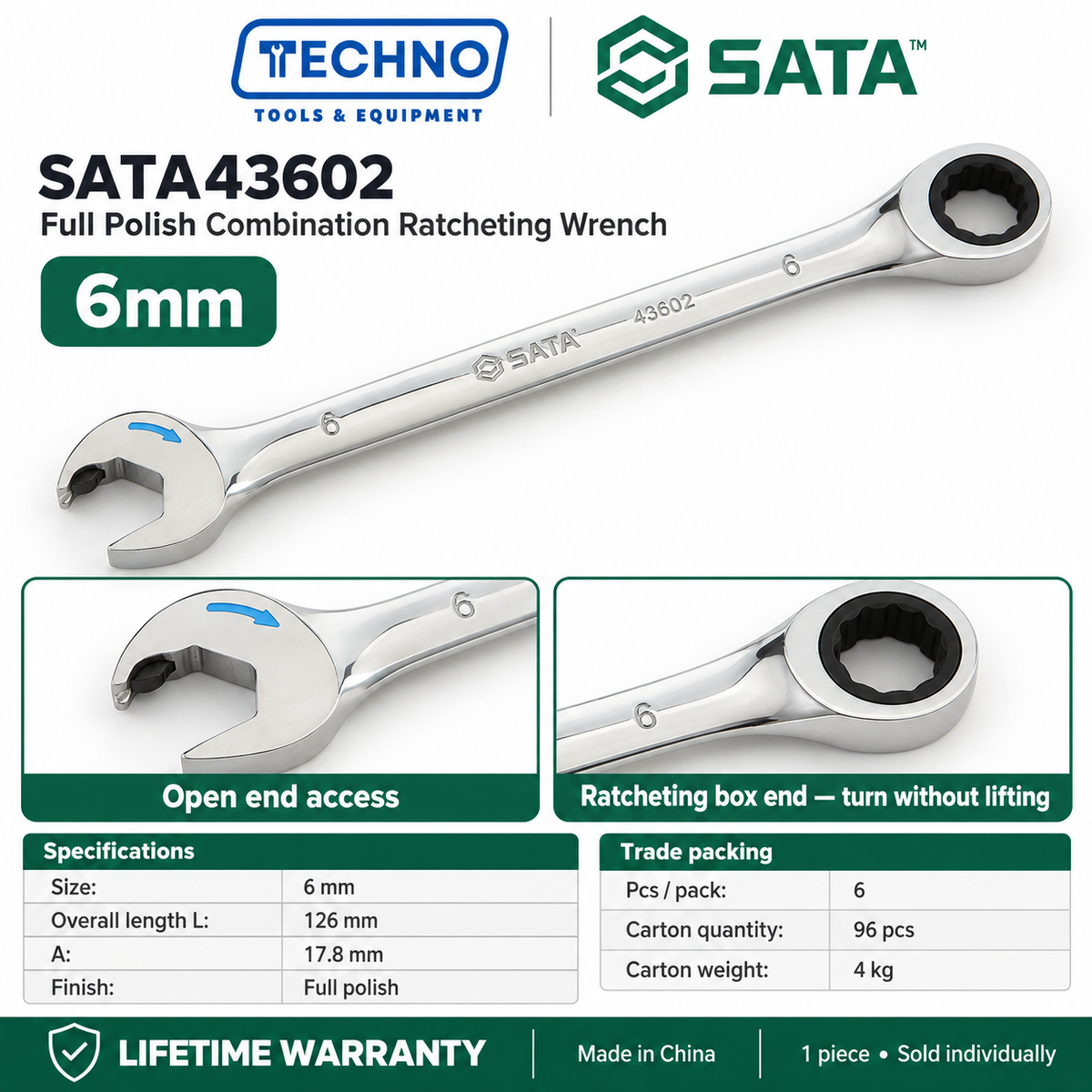 Shop SATA43601 to SATA43619 full polish combination ratcheting wrenches, 5.5mm to 25mm. Open end plus ratcheting box end. Lifetime warranty.