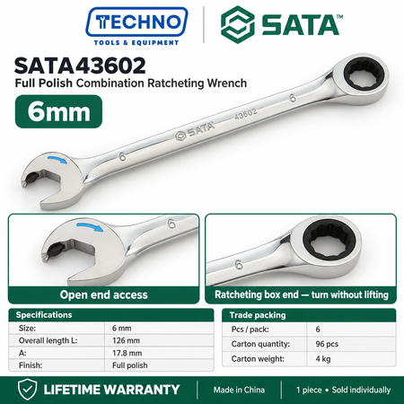 Shop SATA43601 to SATA43619 full polish combination ratcheting wrenches, 5.5mm to 25mm. Open end plus ratcheting box end. Lifetime warranty.