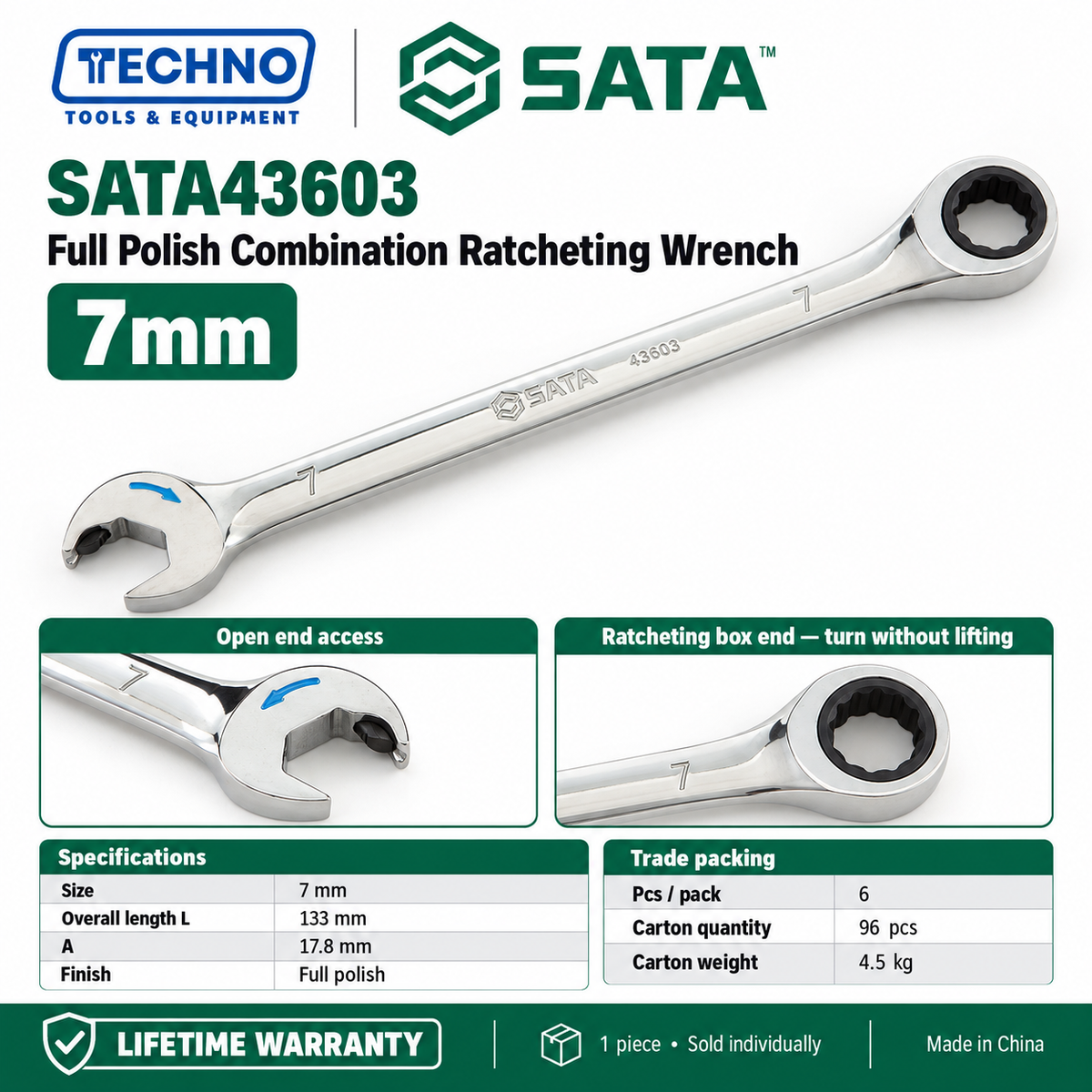 Shop SATA43601 to SATA43619 full polish combination ratcheting wrenches, 5.5mm to 25mm. Open end plus ratcheting box end. Lifetime warranty.