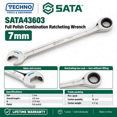 Shop SATA43601 to SATA43619 full polish combination ratcheting wrenches, 5.5mm to 25mm. Open end plus ratcheting box end. Lifetime warranty.
