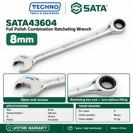 Shop SATA43601 to SATA43619 full polish combination ratcheting wrenches, 5.5mm to 25mm. Open end plus ratcheting box end. Lifetime warranty.