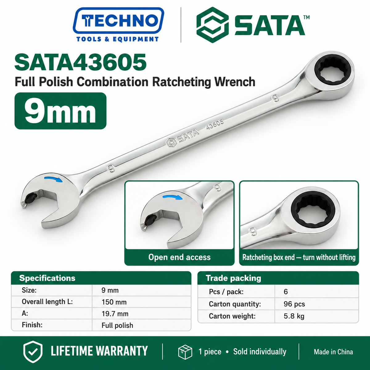 Shop SATA43601 to SATA43619 full polish combination ratcheting wrenches, 5.5mm to 25mm. Open end plus ratcheting box end. Lifetime warranty.
