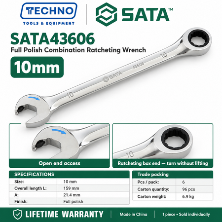 Shop SATA43601 to SATA43619 full polish combination ratcheting wrenches, 5.5mm to 25mm. Open end plus ratcheting box end. Lifetime warranty.