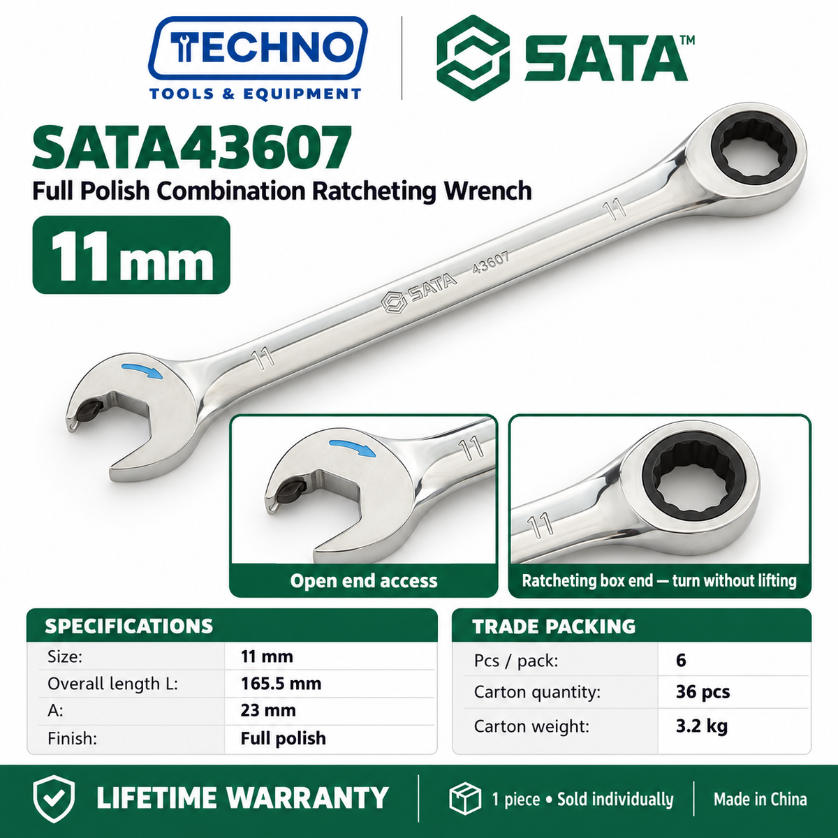 Shop SATA43601 to SATA43619 full polish combination ratcheting wrenches, 5.5mm to 25mm. Open end plus ratcheting box end. Lifetime warranty.