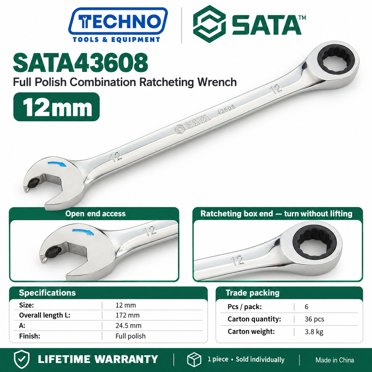 Shop SATA43601 to SATA43619 full polish combination ratcheting wrenches, 5.5mm to 25mm. Open end plus ratcheting box end. Lifetime warranty.