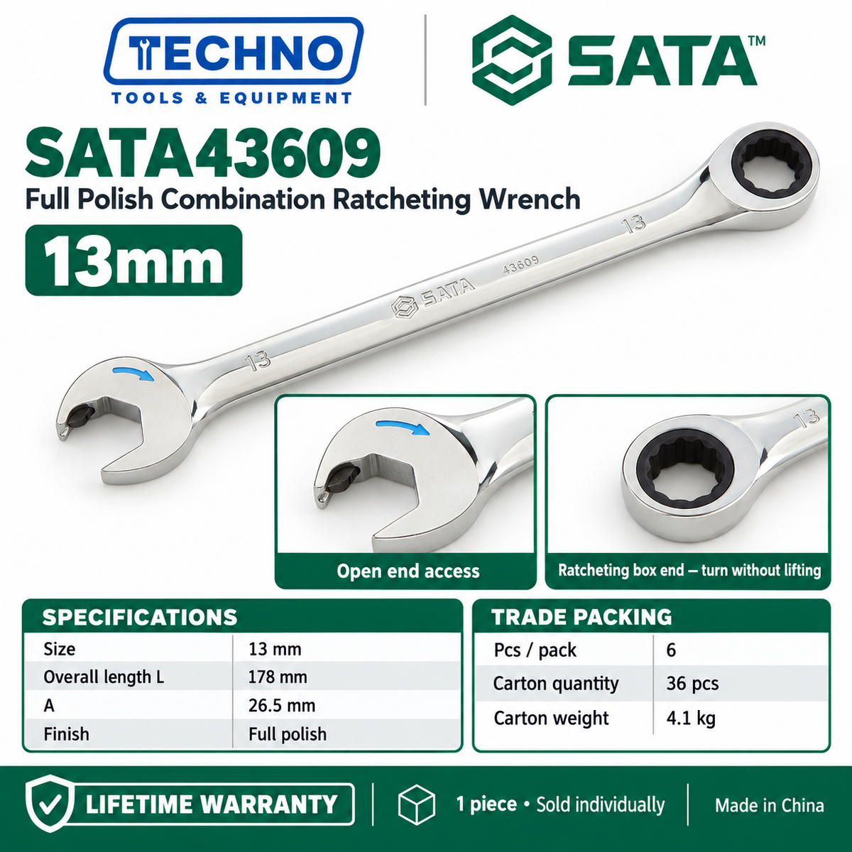 Shop SATA43601 to SATA43619 full polish combination ratcheting wrenches, 5.5mm to 25mm. Open end plus ratcheting box end. Lifetime warranty.