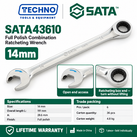 Shop SATA43601 to SATA43619 full polish combination ratcheting wrenches, 5.5mm to 25mm. Open end plus ratcheting box end. Lifetime warranty.