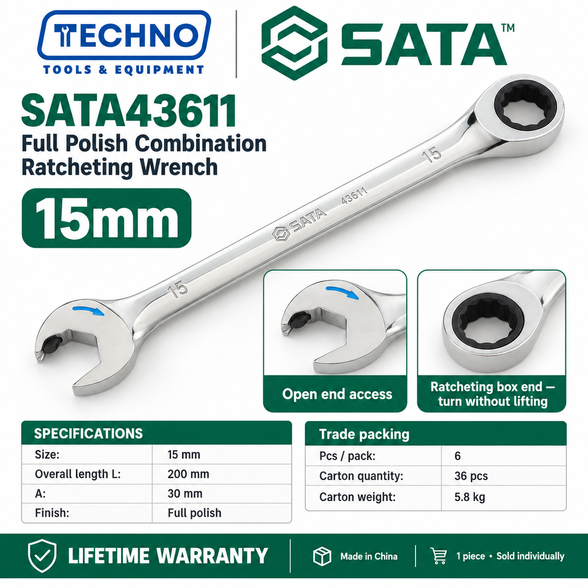 Shop SATA43601 to SATA43619 full polish combination ratcheting wrenches, 5.5mm to 25mm. Open end plus ratcheting box end. Lifetime warranty.
