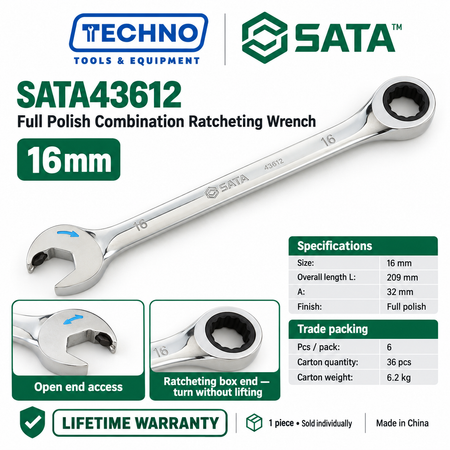 Shop SATA43601 to SATA43619 full polish combination ratcheting wrenches, 5.5mm to 25mm. Open end plus ratcheting box end. Lifetime warranty.