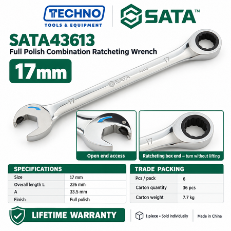 Shop SATA43601 to SATA43619 full polish combination ratcheting wrenches, 5.5mm to 25mm. Open end plus ratcheting box end. Lifetime warranty.