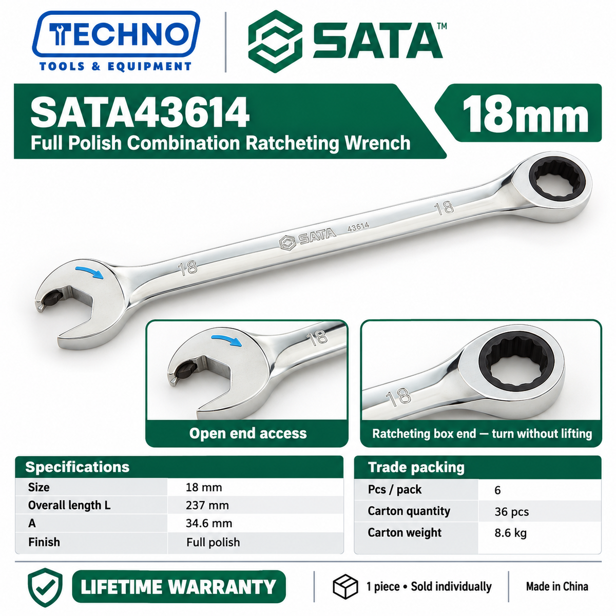 Shop SATA43601 to SATA43619 full polish combination ratcheting wrenches, 5.5mm to 25mm. Open end plus ratcheting box end. Lifetime warranty.