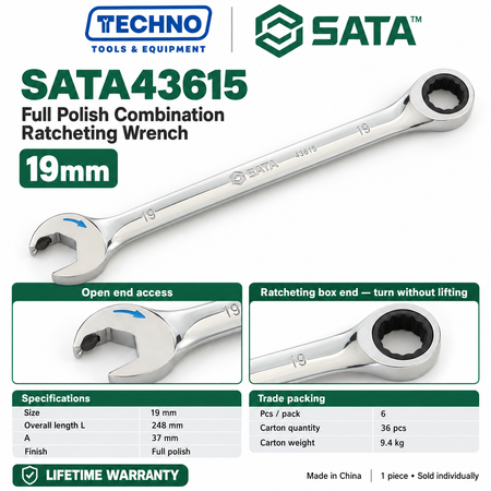 Shop SATA43601 to SATA43619 full polish combination ratcheting wrenches, 5.5mm to 25mm. Open end plus ratcheting box end. Lifetime warranty.