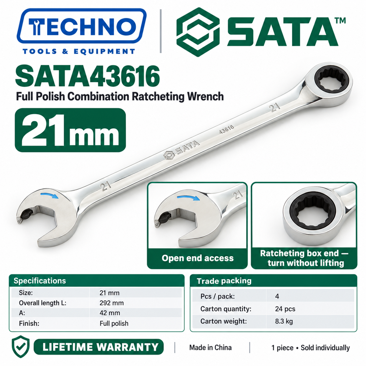 Shop SATA43601 to SATA43619 full polish combination ratcheting wrenches, 5.5mm to 25mm. Open end plus ratcheting box end. Lifetime warranty.