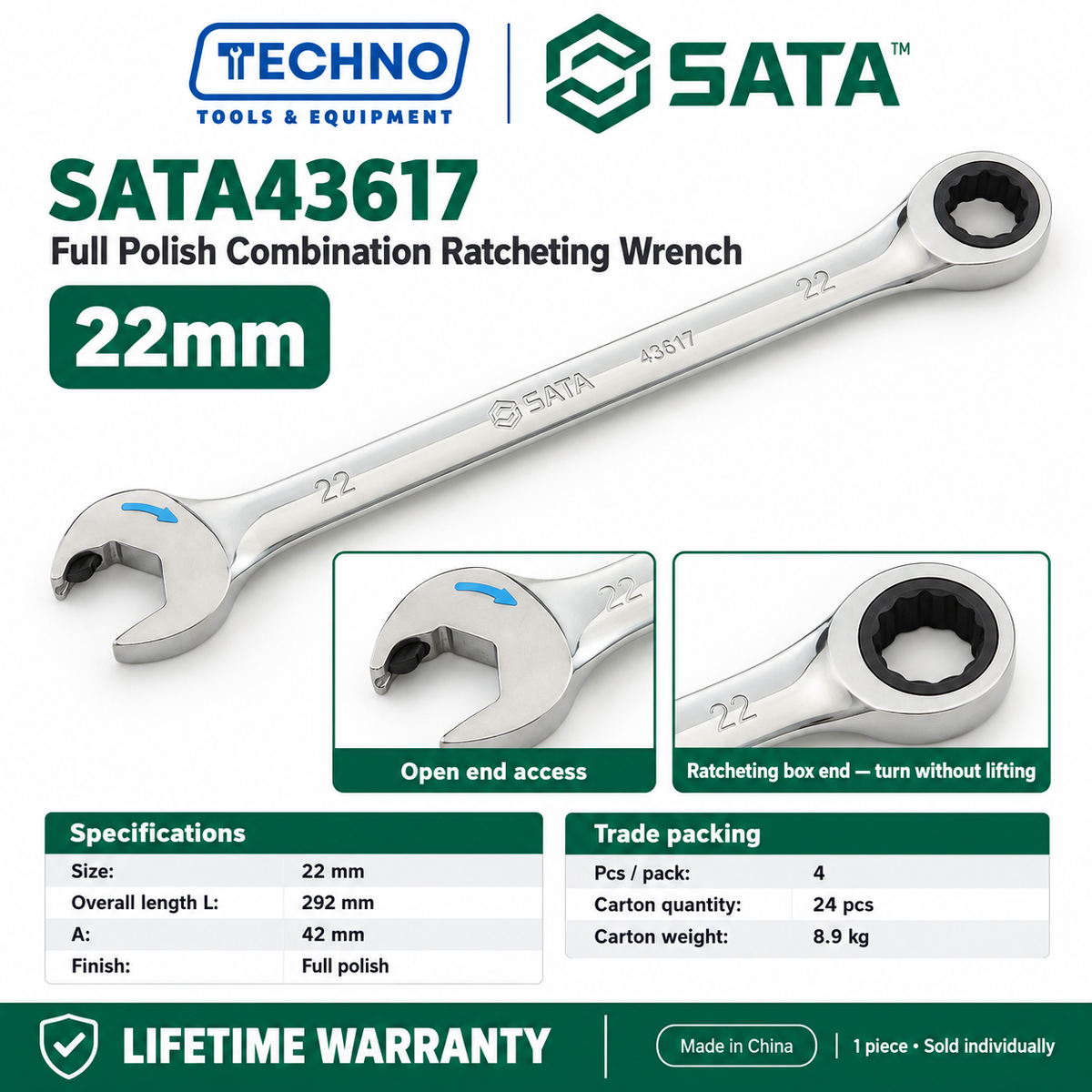 Shop SATA43601 to SATA43619 full polish combination ratcheting wrenches, 5.5mm to 25mm. Open end plus ratcheting box end. Lifetime warranty.