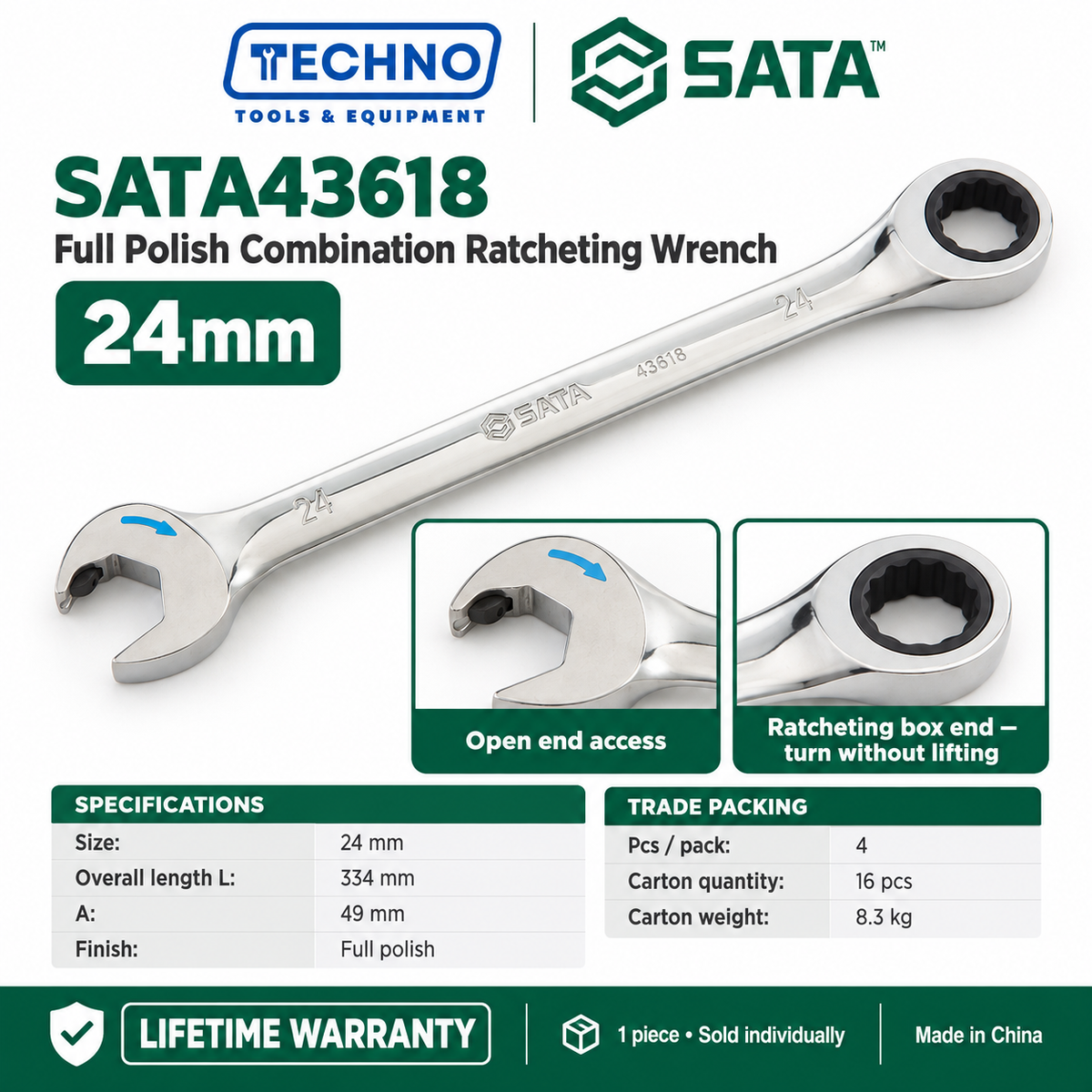 Shop SATA43601 to SATA43619 full polish combination ratcheting wrenches, 5.5mm to 25mm. Open end plus ratcheting box end. Lifetime warranty.