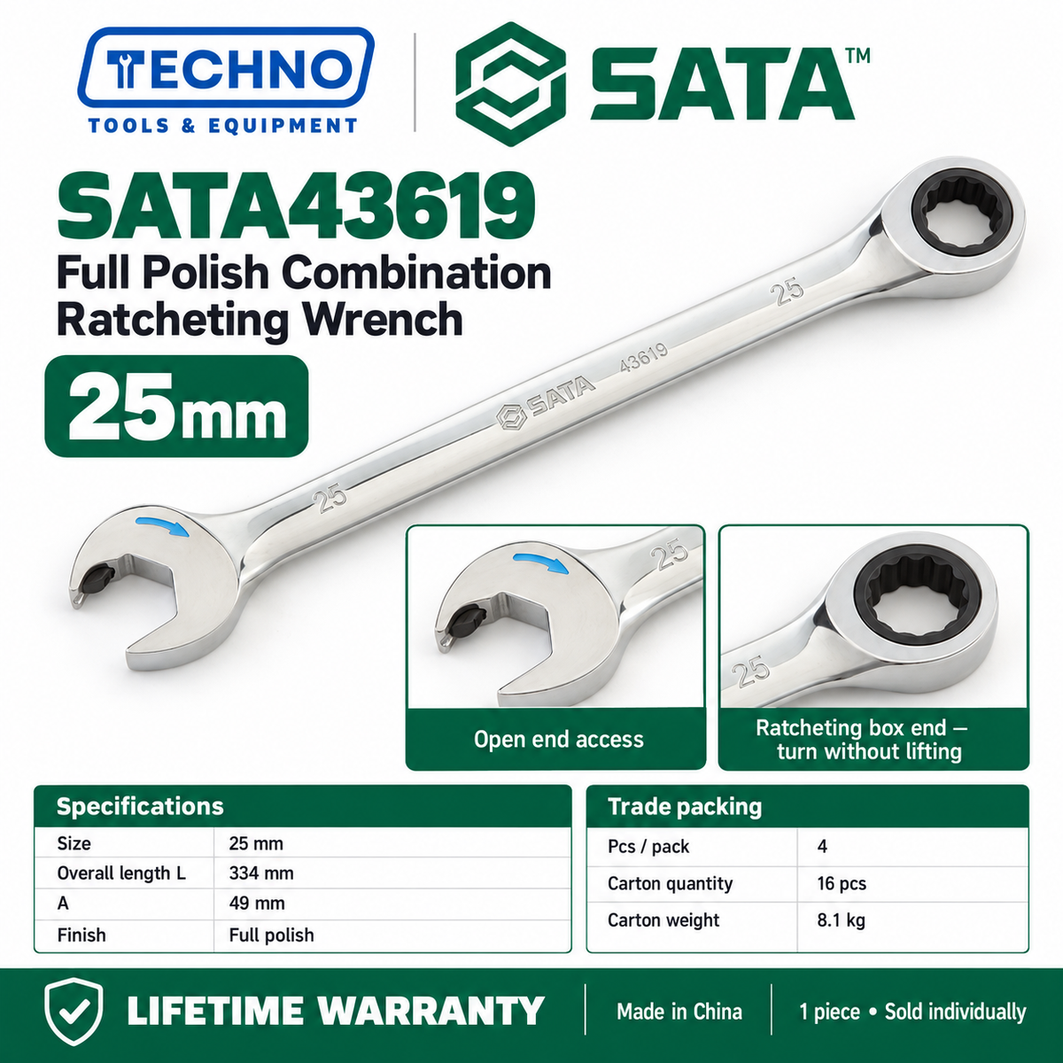 Shop SATA43601 to SATA43619 full polish combination ratcheting wrenches, 5.5mm to 25mm. Open end plus ratcheting box end. Lifetime warranty.