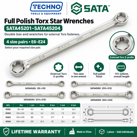 Shop SATA45201 to SATA45204 full polish Torx star wrenches, E6xE8 to E20xE24. Double box end, two sizes in one tool. Lifetime warranty.
