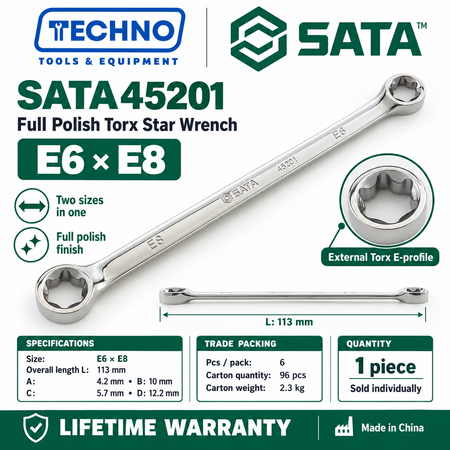 Shop SATA45201 to SATA45204 full polish Torx star wrenches, E6xE8 to E20xE24. Double box end, two sizes in one tool. Lifetime warranty.