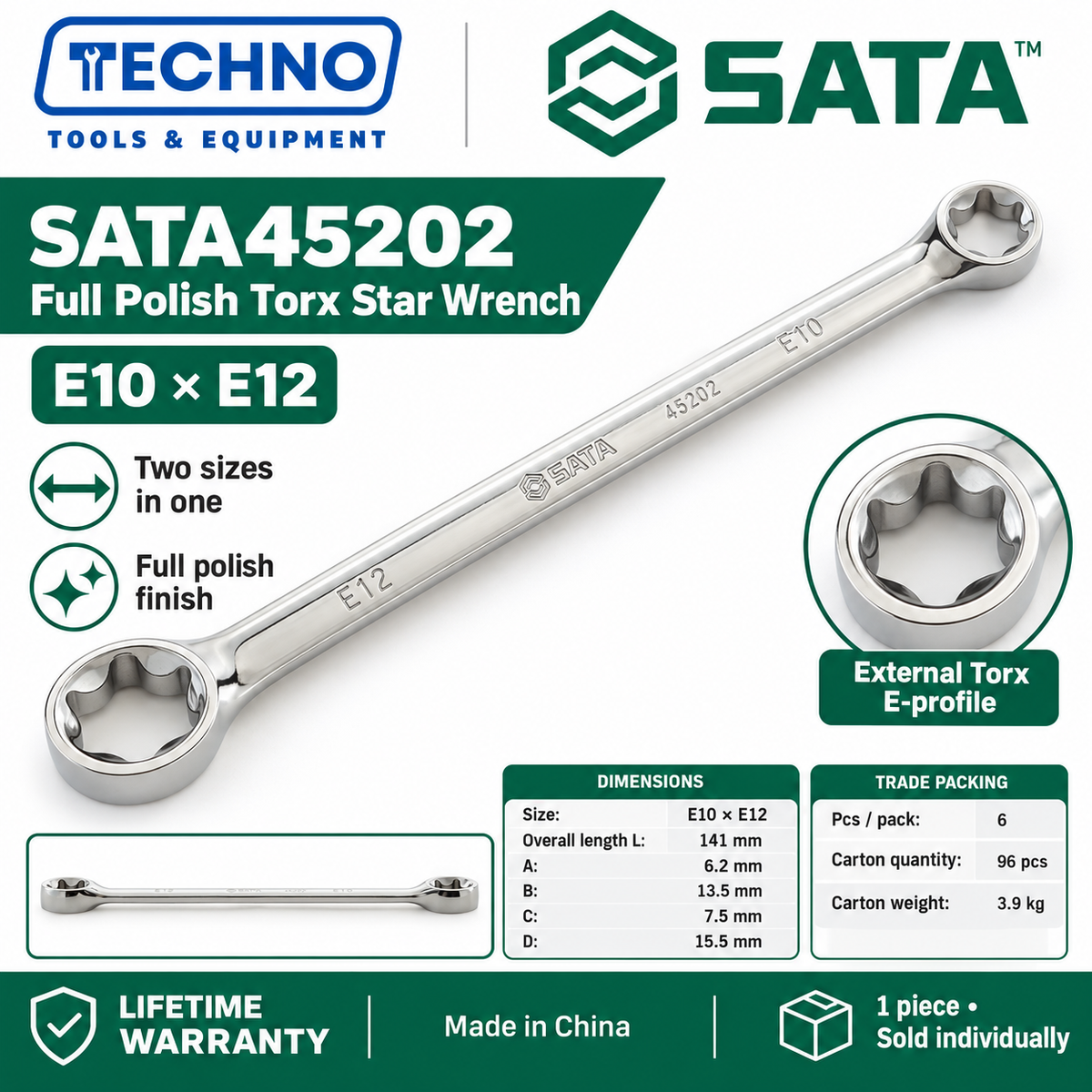 Shop SATA45201 to SATA45204 full polish Torx star wrenches, E6xE8 to E20xE24. Double box end, two sizes in one tool. Lifetime warranty.