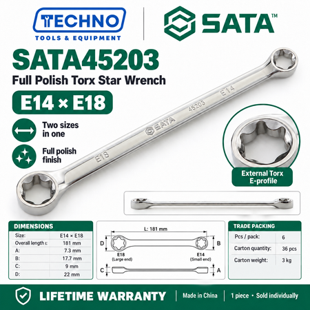 Shop SATA45201 to SATA45204 full polish Torx star wrenches, E6xE8 to E20xE24. Double box end, two sizes in one tool. Lifetime warranty.