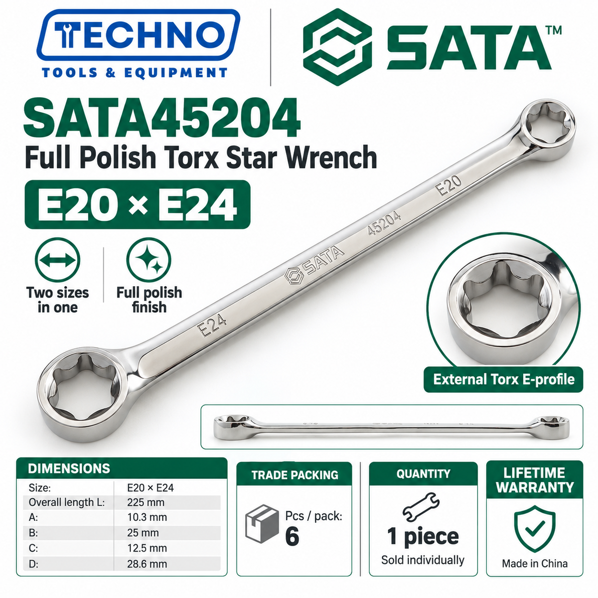 Shop SATA45201 to SATA45204 full polish Torx star wrenches, E6xE8 to E20xE24. Double box end, two sizes in one tool. Lifetime warranty.