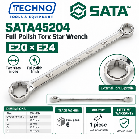 Shop SATA45201 to SATA45204 full polish Torx star wrenches, E6xE8 to E20xE24. Double box end, two sizes in one tool. Lifetime warranty.