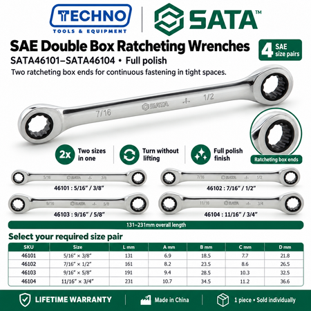 Shop SATA46101 to SATA46104 full polish SAE double box ratcheting wrenches, 5/16" x 3/8" to 11/16" x 3/4". Lifetime warranty.