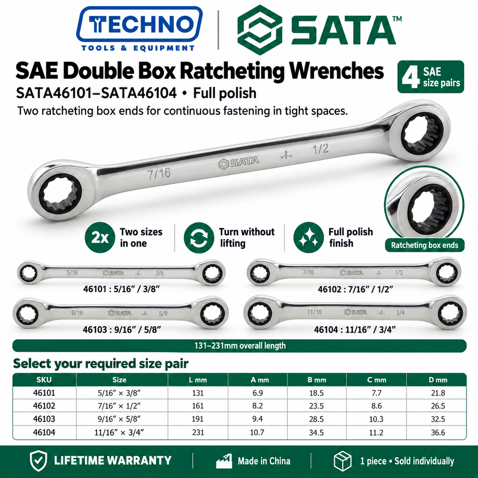 Shop SATA46101 to SATA46104 full polish SAE double box ratcheting wrenches, 5/16" x 3/8" to 11/16" x 3/4". Lifetime warranty.