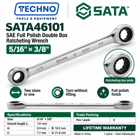 Shop SATA46101 to SATA46104 full polish SAE double box ratcheting wrenches, 5/16" x 3/8" to 11/16" x 3/4". Lifetime warranty.